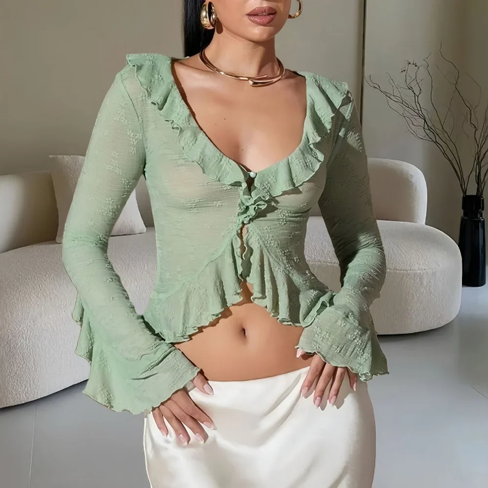 

​​Women's Summer Blouses K-Fashion Plain Flounce Long Sleeve V-NeckSkinny Fit Dating Blouses