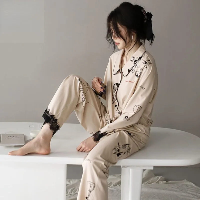2024 New Pajama Women's Thin Spring Autumn Lace Edge Sleepwear Pure Cotton Long Sleeved Pants Flip Collar Cardigan Homewear Set