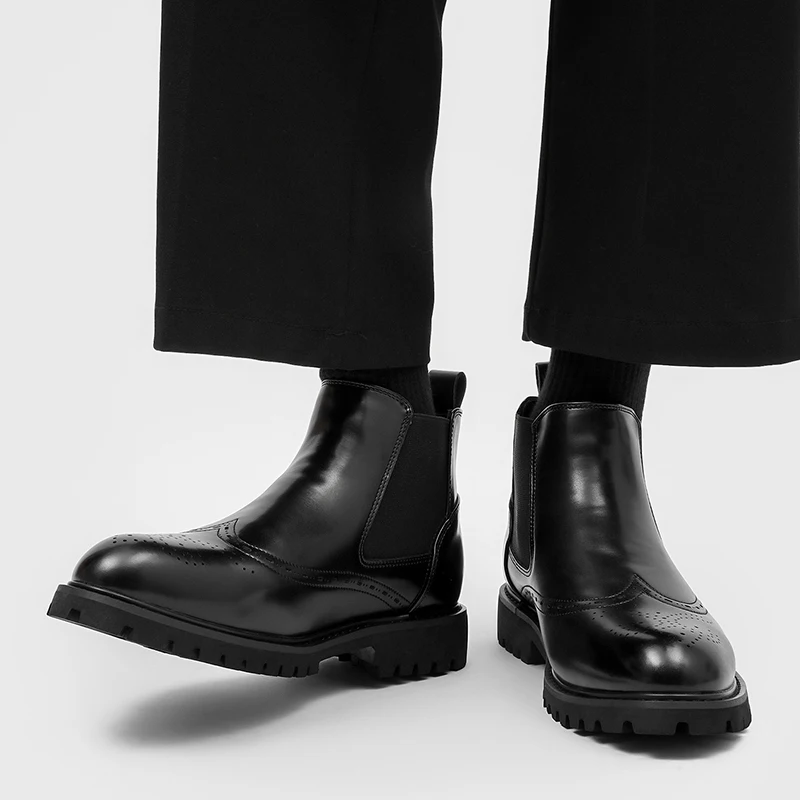 Men Brogue Chelsea Boots Elastic Side Slip‑On Ankle Boots Thick Lug Sole Formal Business Dress Short Boots For Men