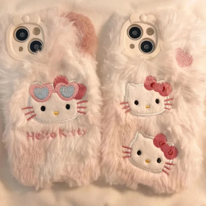 

New Kawaii Korean Style Plush Embroidery Hello KT Cat Suitable for Apple 16/14 Promax Phone Case IPhone 13 Apple 12/11 Girl Gift