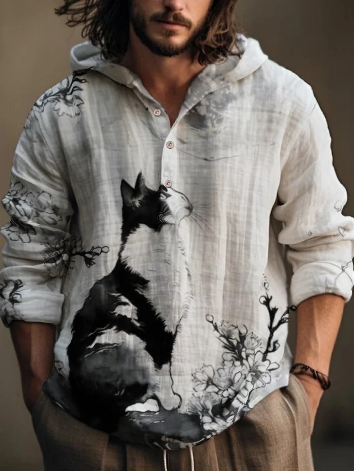 Men's Ink‑Wash Black‑and‑White Cat Floral Print Hooded Henley Shirt, Long Sleeve Half‑Button Placket Loose Fit Oriental Casual