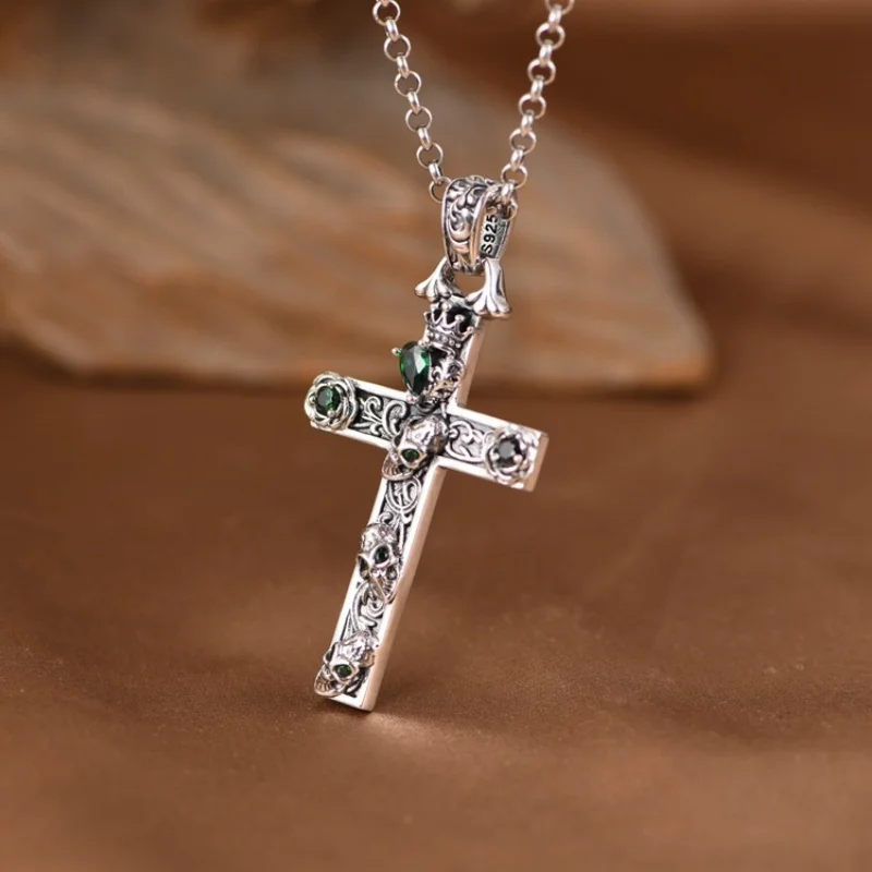 S925 Sterling Silver Charms Pendants for Women Men New Fashion Rose Crown and Skull-head Emerald Cross Jewelry Wholesale