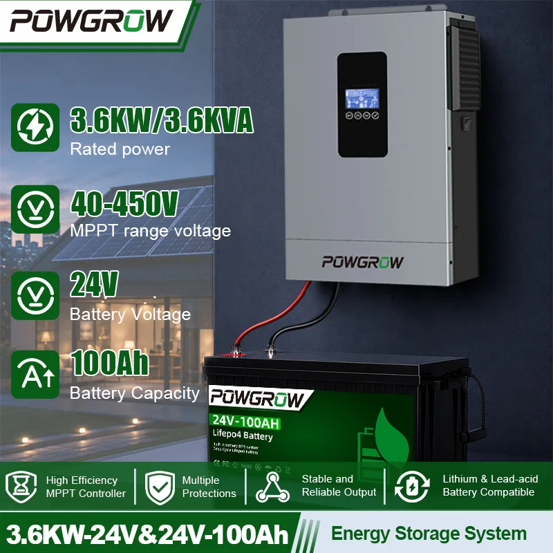 Système solaire domestique POWGROW 3.6KW avec onduleur hybride solaire 24V DC vers 220V AC, contrôleur de charge solaire MPPT 100A et kit batterie 24V 100Ah