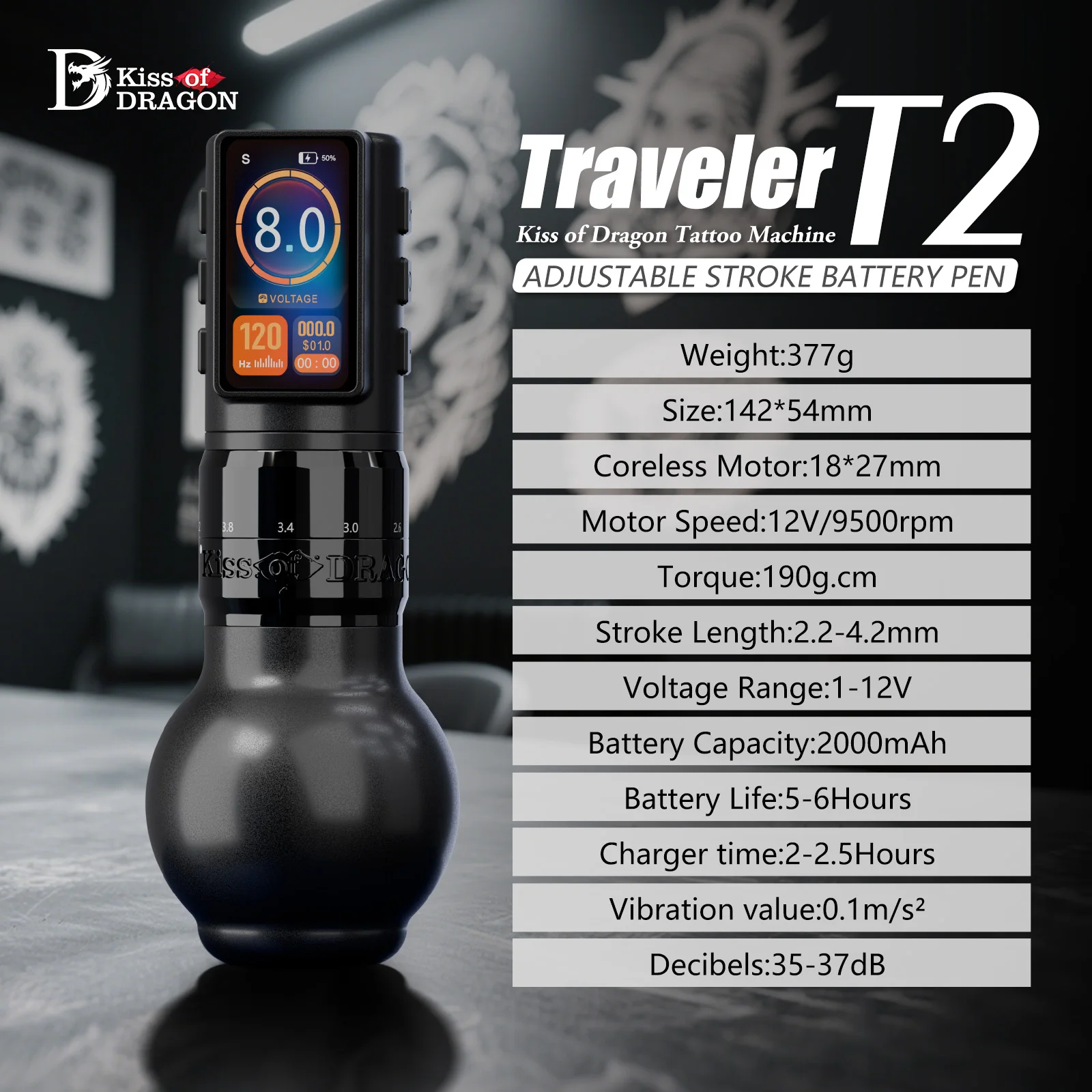 Kiss of Dragon Wireless Tattoo Machine Adjustable Stroke 2.2-4.2mm with 2000mAh Battery Capacity color LED display Tattoo Pen