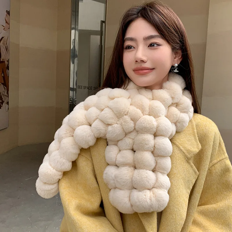 Real Rex Rabbit Fur Scarf Winter Women's Double-sided Natural Fur Scarves Luxury Long Thickened Pompom Balls Scarf For Ladies