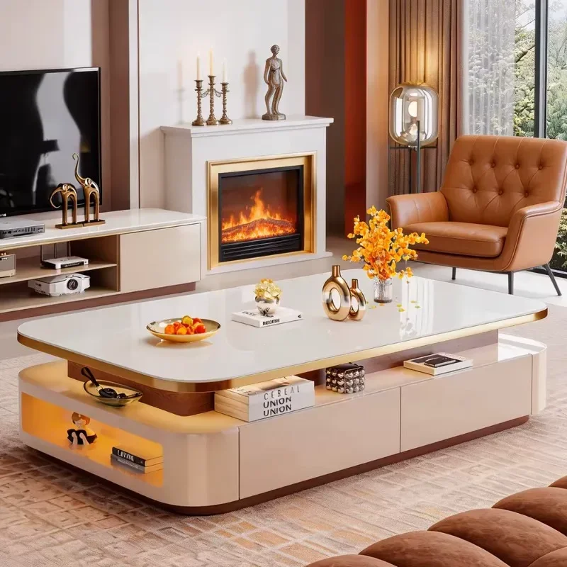 Modern Creative Coffee Table with Bright Rock Panel Extended Large Living Room Furniture Set TV Cabinet Combination for