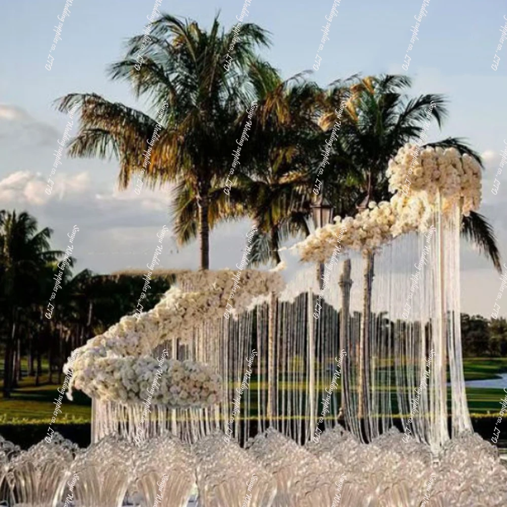 curved wedding party stage  arch  with acrylic bead chandelier backdrop stand  for background wedding