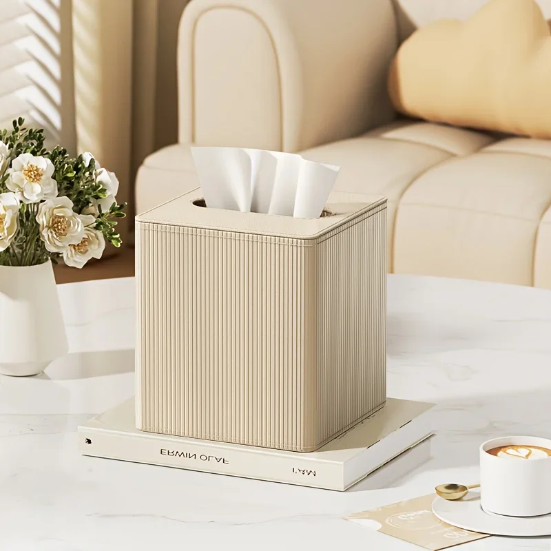 Luxury Square Tissue Box PU Material with Roman Column Stripe Design Suitable for Living Room Desktop Tissue Storage Home Decor