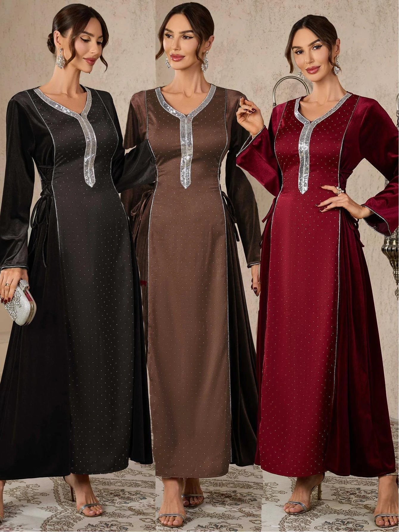 Middle East Faion Diamond Studded Long Sve Waist Cinched Dr Lace up Gown High Waist a Line Skirt for Date And Daily Wear