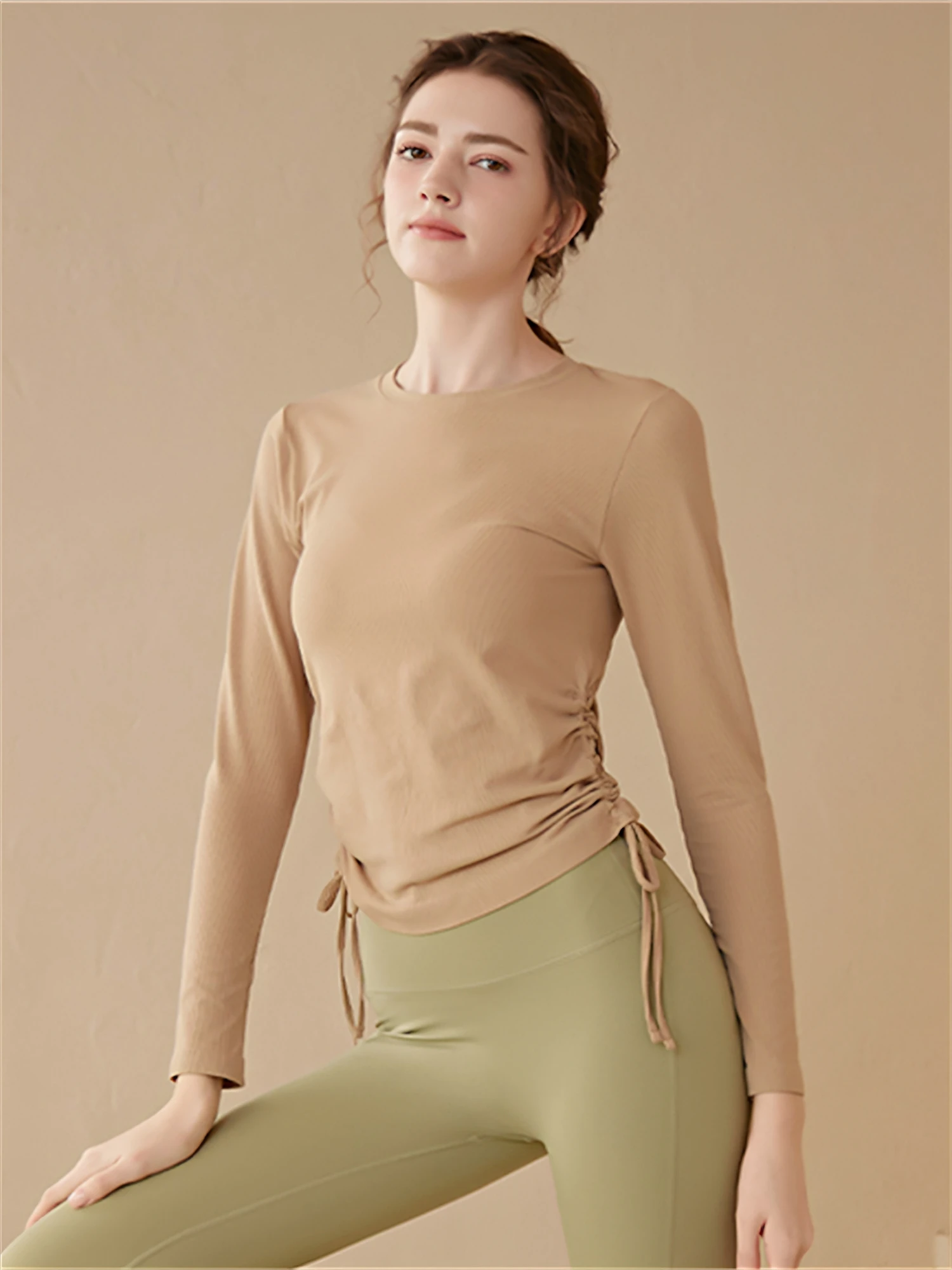 

Women's Yoga Clothes Dstring Waist Slim Fit Qui Dry Long Sve T-irt Fitn Top Ele Simple round Ne Silk Blend