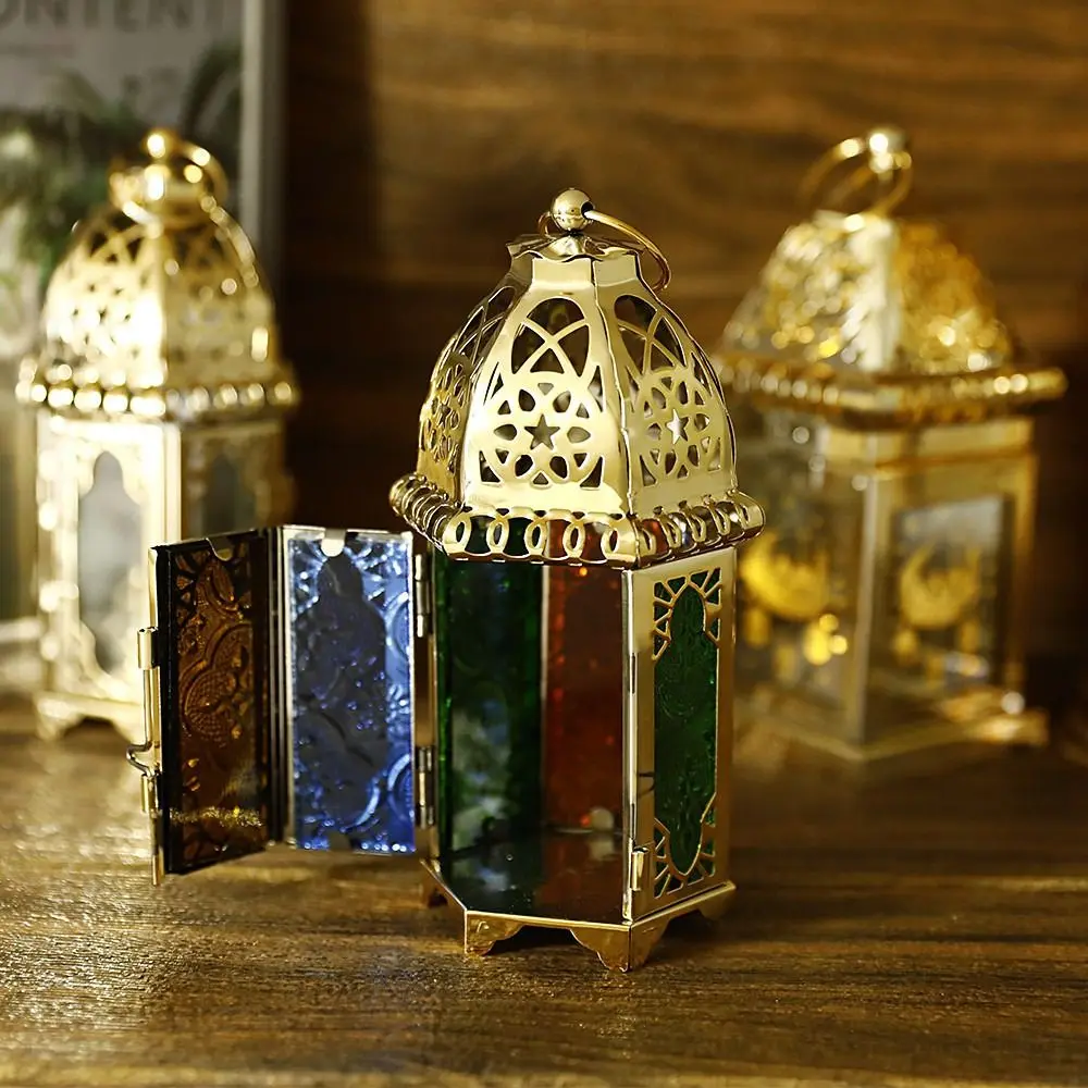 Gold European Castle Candlestick Vintage Hanging Candle Holder Moroccan Glass Candle Lantern Wedding Home Decor Ornaments