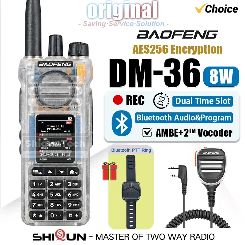 BAOFENG DM-36 DMR Walkie Talkie 8W Bluetooth PTT Ring Bluetooth Audio AES256 Man Down Alert Type-C VHF/UHF Upgraded DM-32 Radio