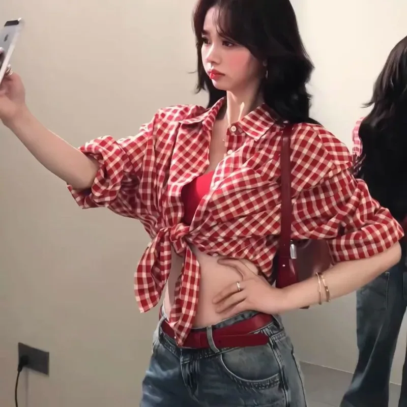 Deeptown Vintage Red Plaid Women Shirts Harajuku Pocket Long Sleeve Korean Fashion Oversized Blouses Casual Commute Sunscreen