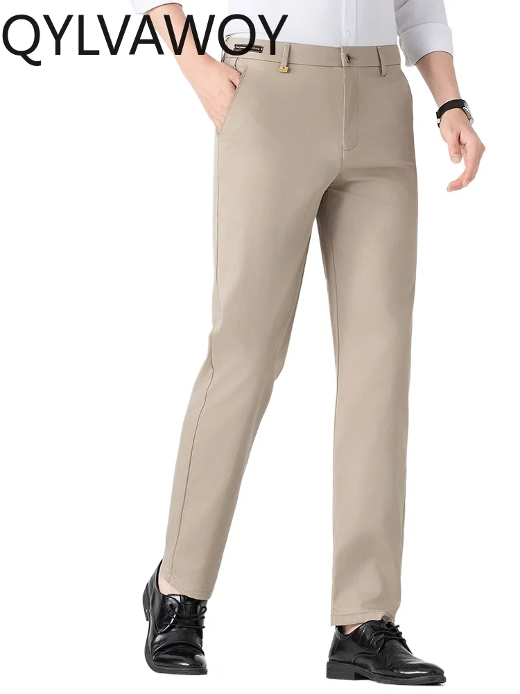 

QYLVAWOY Casual Pants Men's 2025 New Spring and Summer Lyocell Elastic Straight Trousers Middle-aged Business West Pants LJ2404