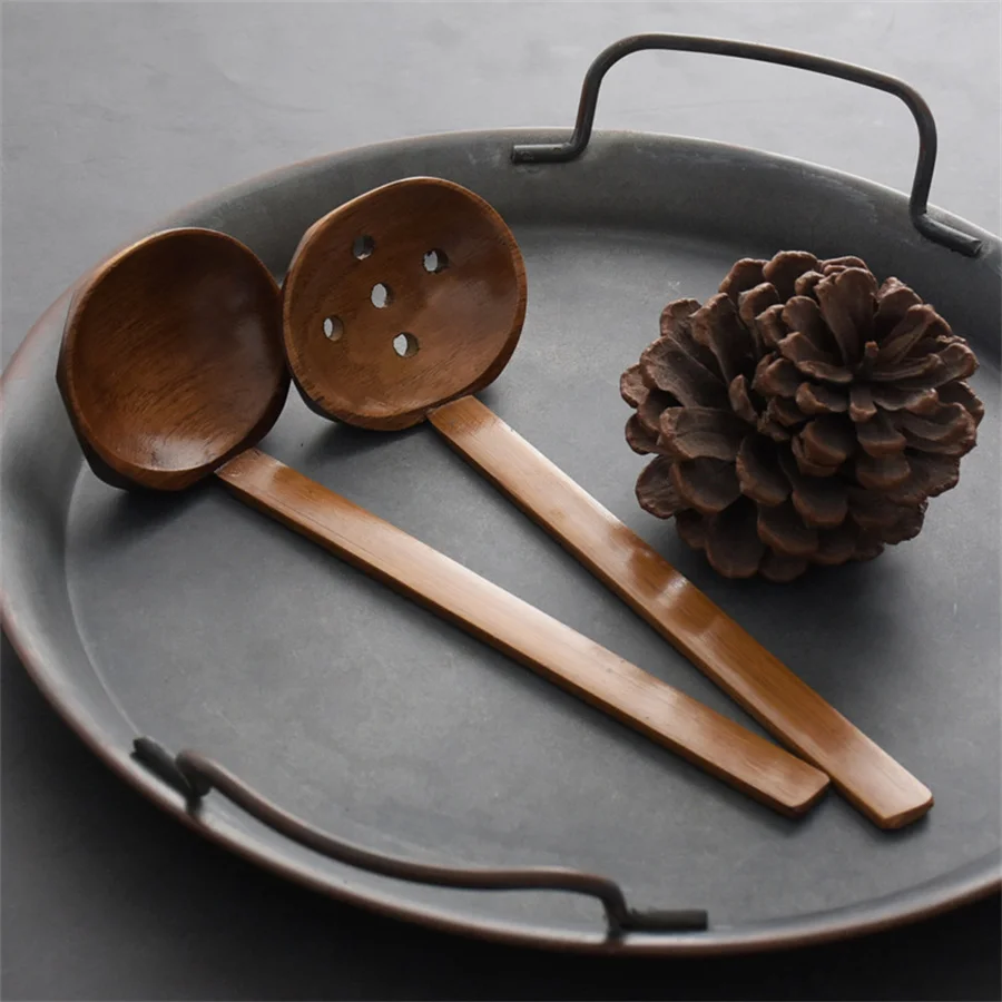 Japanese Style Log Ajisen Lamian Noodles Soup Spoon Wooden Spoon Long Handle Wooden Spoon Hot Pot Spoon Strainer Set Tableware