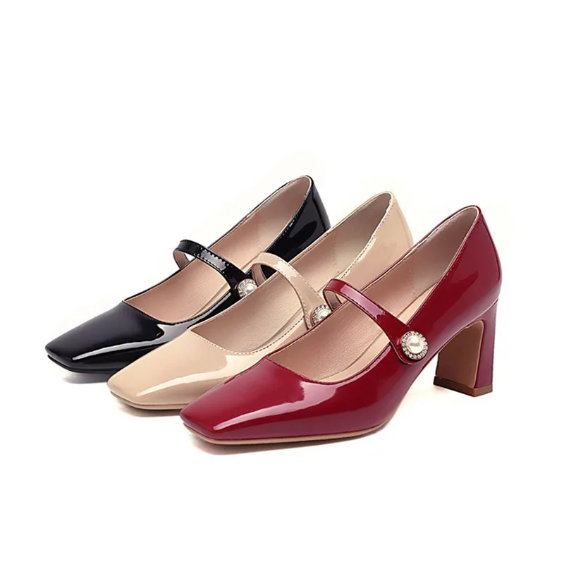 

Women Fashion Mary Janes Shoes Patent Leather Square Head Women Pumps Elegant Buckle Party Office Ladies Shoes Plus Size 34-48