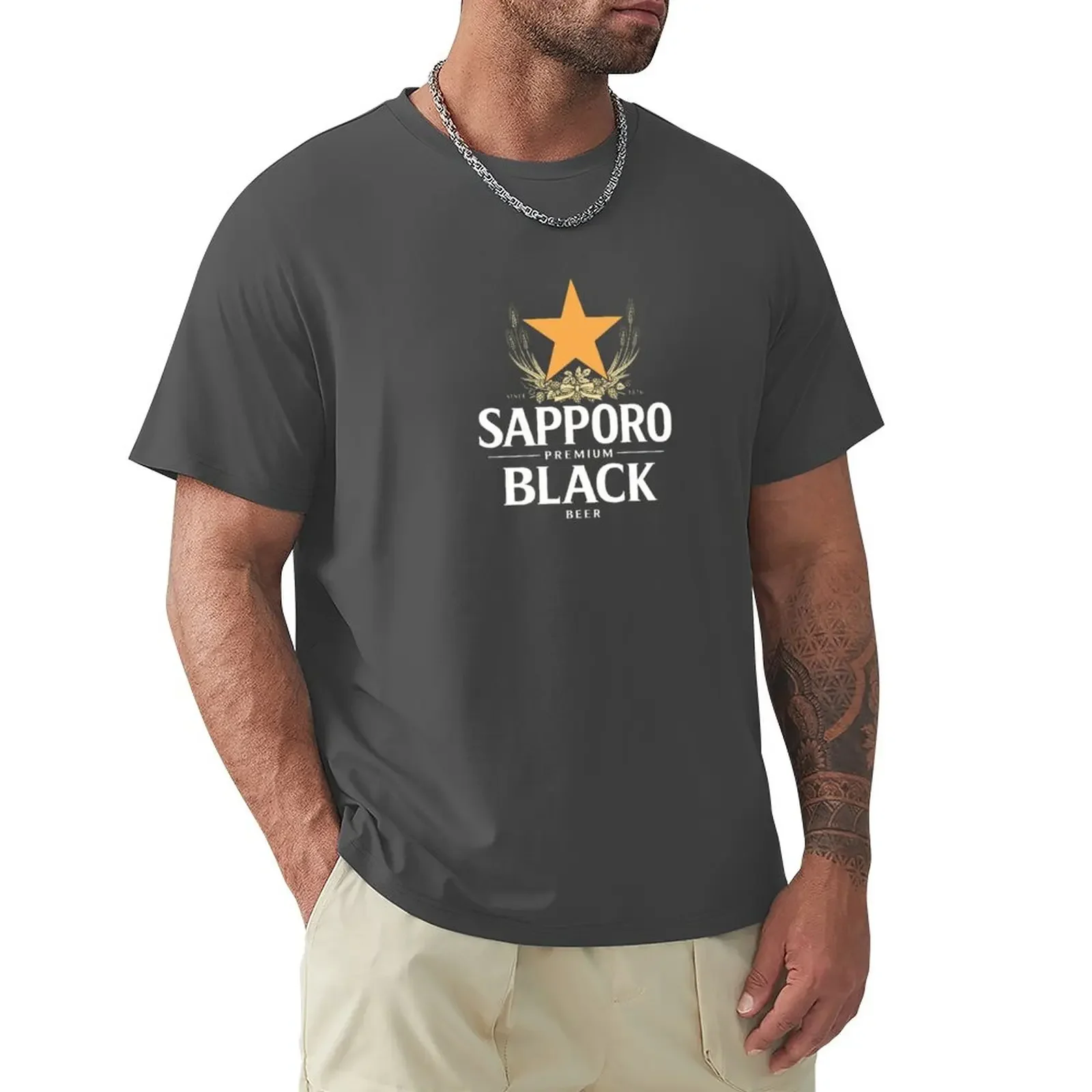 Sapporo Premium Black T-Shirt custom t shirt oversized mens vintage anime clothes new in tops & tees heavyweight Male Cartoon