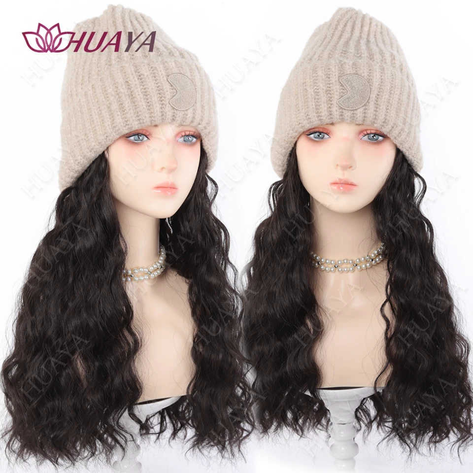 Synthetic Hat Wig integrated Warm Embroidery Knitted Hat in Autumn and Winter Long Curly Hair big Wave Wig Hat