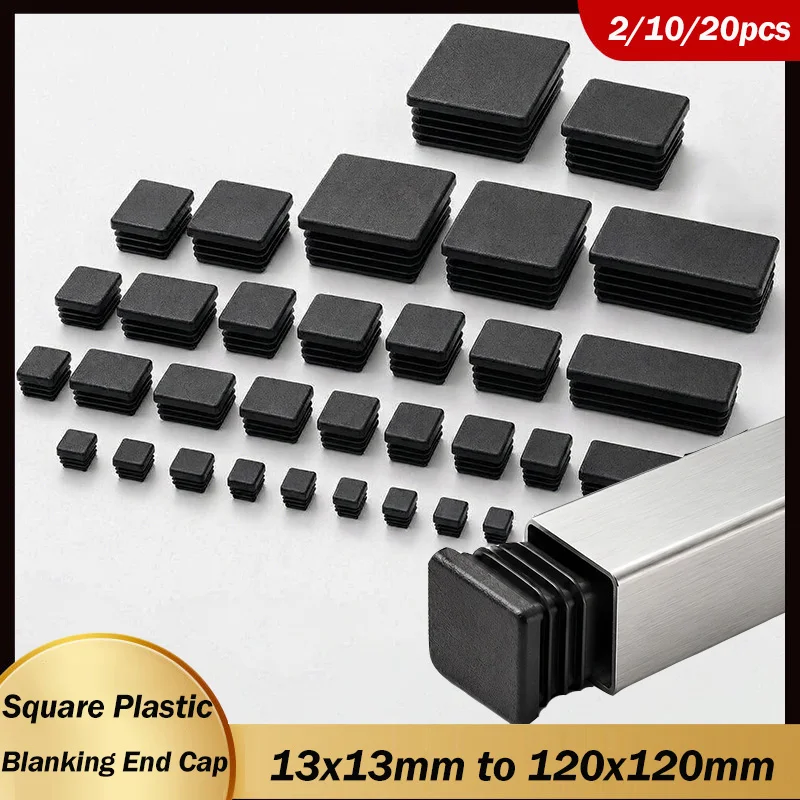 2/10/20Pcs Black Rectangular Plugs Pipe Tube Cap Square Plastic Tubing End Cap Insert Blanking Stopper 13x13mm-120x120mm