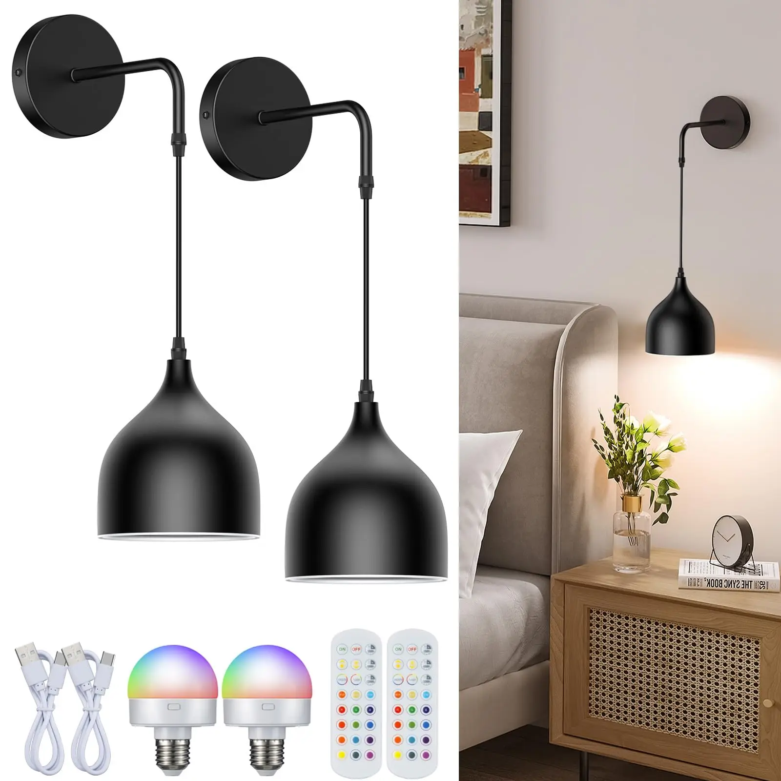 Nooknova 2 Pack Black Wall Sconces Battery Operated with Remote No Wiring Required Wall Light Wireless Wall Lamp