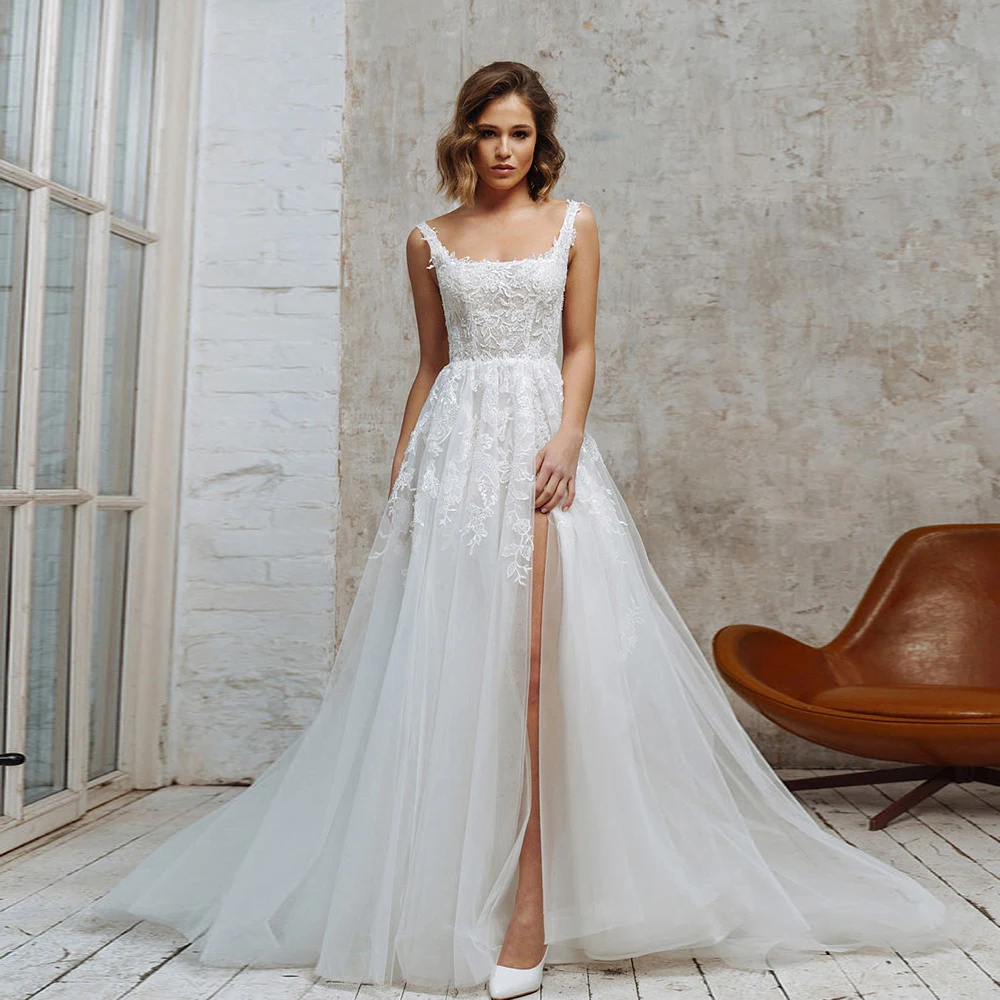 

Simple Square Collar Wedding Dresses with Lace Side Slit Bridal Gowns for Women 2024 New Soft Tulle Vestidos De Novia Lace