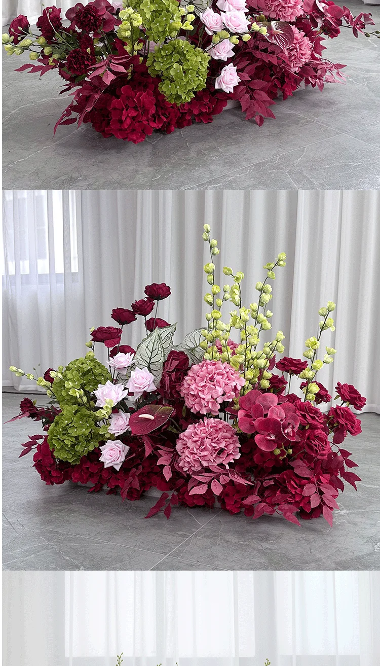 Luxuriöse Rot-Rosa Hortensien-Rosen Künstliche Blumenreihe Hochzeitsgang Blumenarrangement Tischdekoration Party-Hintergrund Deko-Requisite – Detail 3