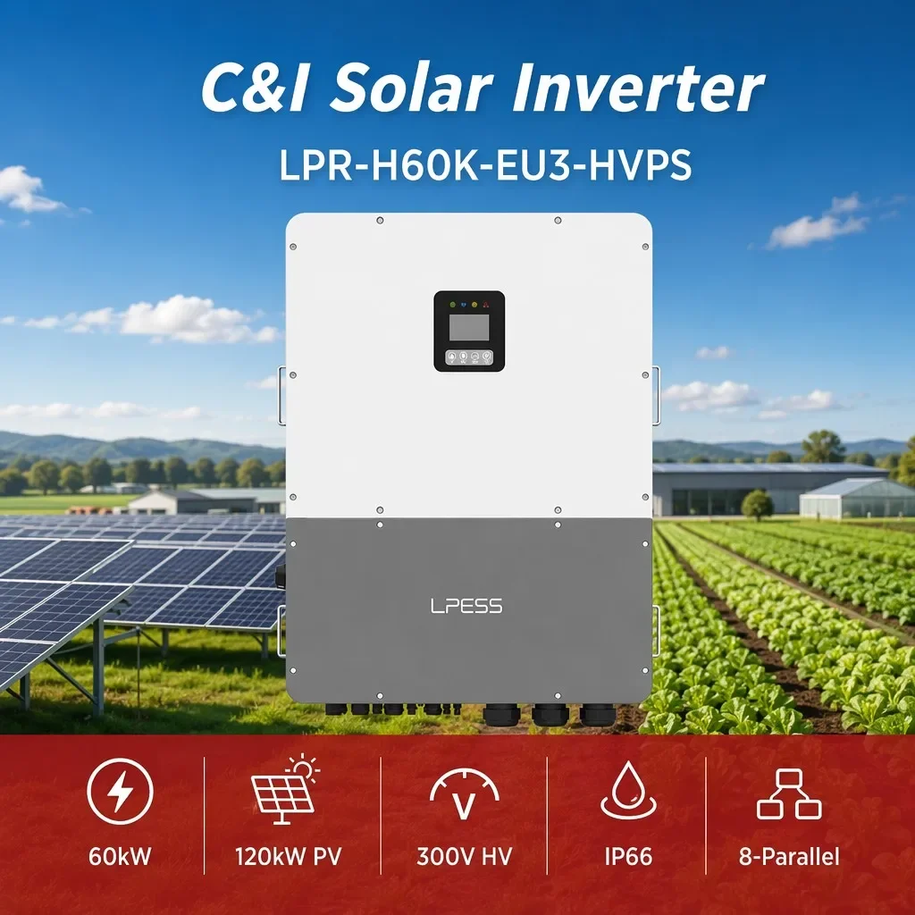 60kW Industrial Hybrid Inverter High Voltage Battery System On Grid Support 120kW Solar Input 4 MPPT IP66 Outdoor Commercial