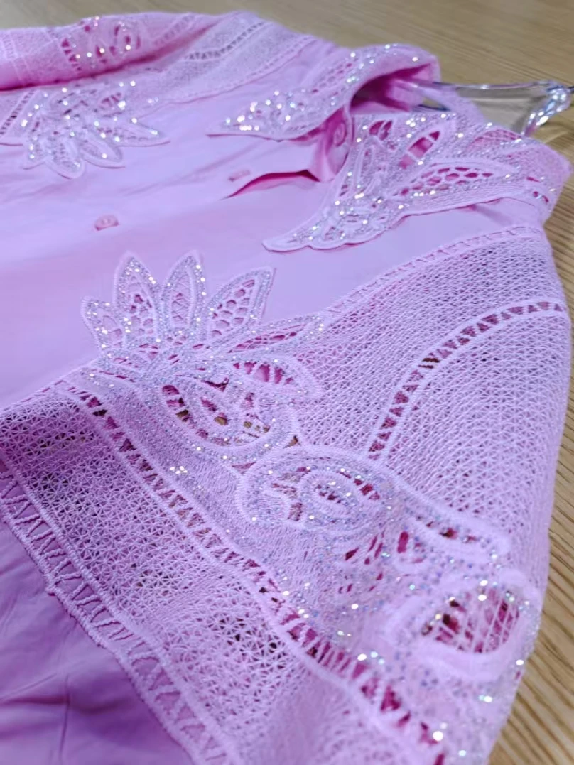 Novo em brilho lantejoulas oco para fora bordado camisas de algodão blusas para mulheres manga longa solta casual outwear topos blusas