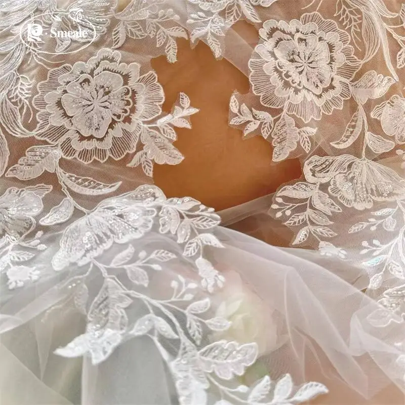 

2PCS=1Pair. White Beaded Lace Mirror Flowers.Flower Leaves Embroidery Wedding Dress Headdress.DIY Sewing Supplies Patch