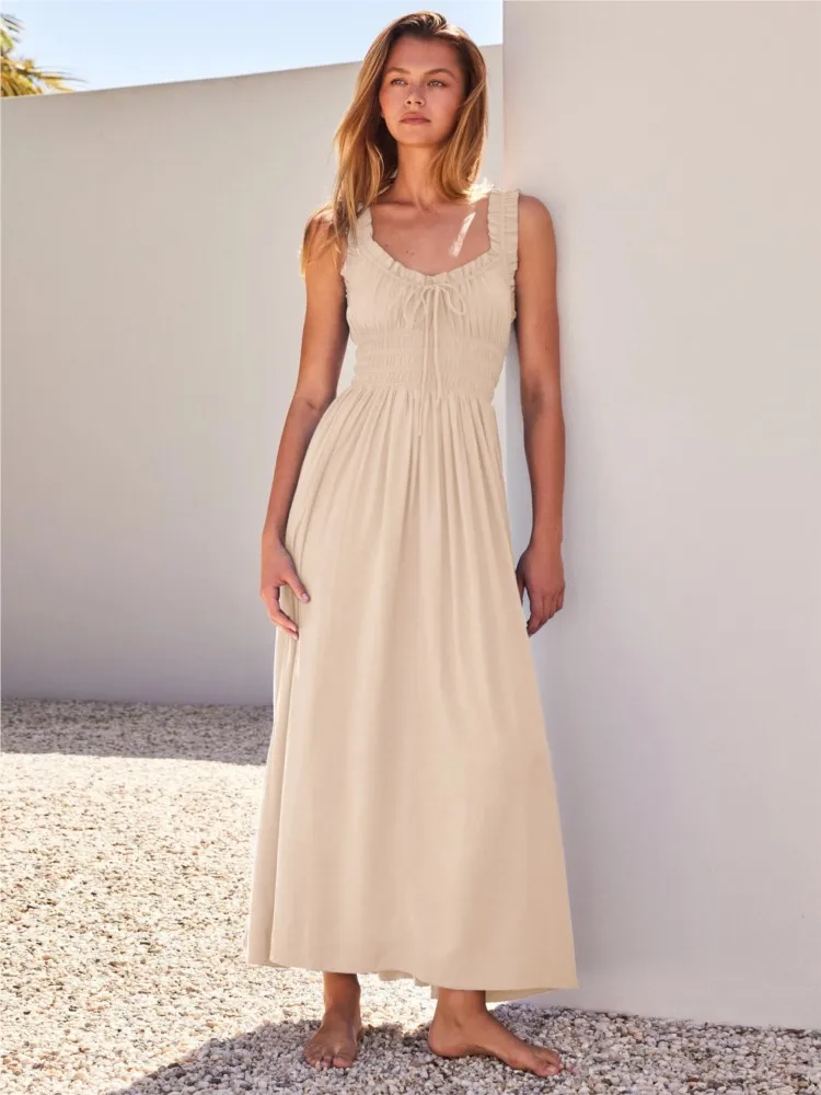 Summer Women Beach Sling Dresses High Elasticity Casual Solid Color French Vacation Classic V-neck Slim Drawstring Long vestidos