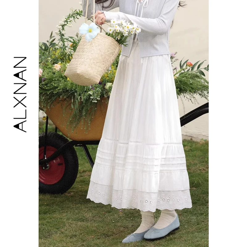ALXNAN White Long Skirt Women 100% Cotton Hollow Out Embroidery Cake Midi Skirt Elegant Casual Elegant Female Clothing VL52990