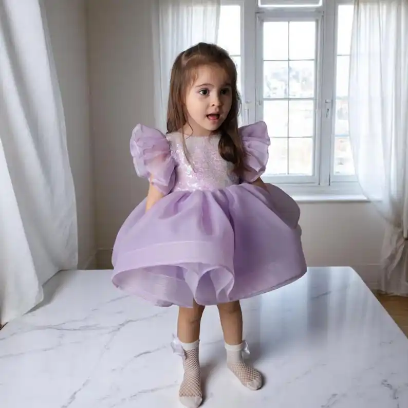 Handmade Purple Sequin Tulle Flower Girl Dress Baby Clothes New Born Girls Dress