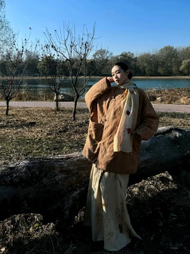 

Утепленный хлопковый комплект с V-образным вырезом и длинными рукавами свободного кроя для молодых женщин на зимний сезон