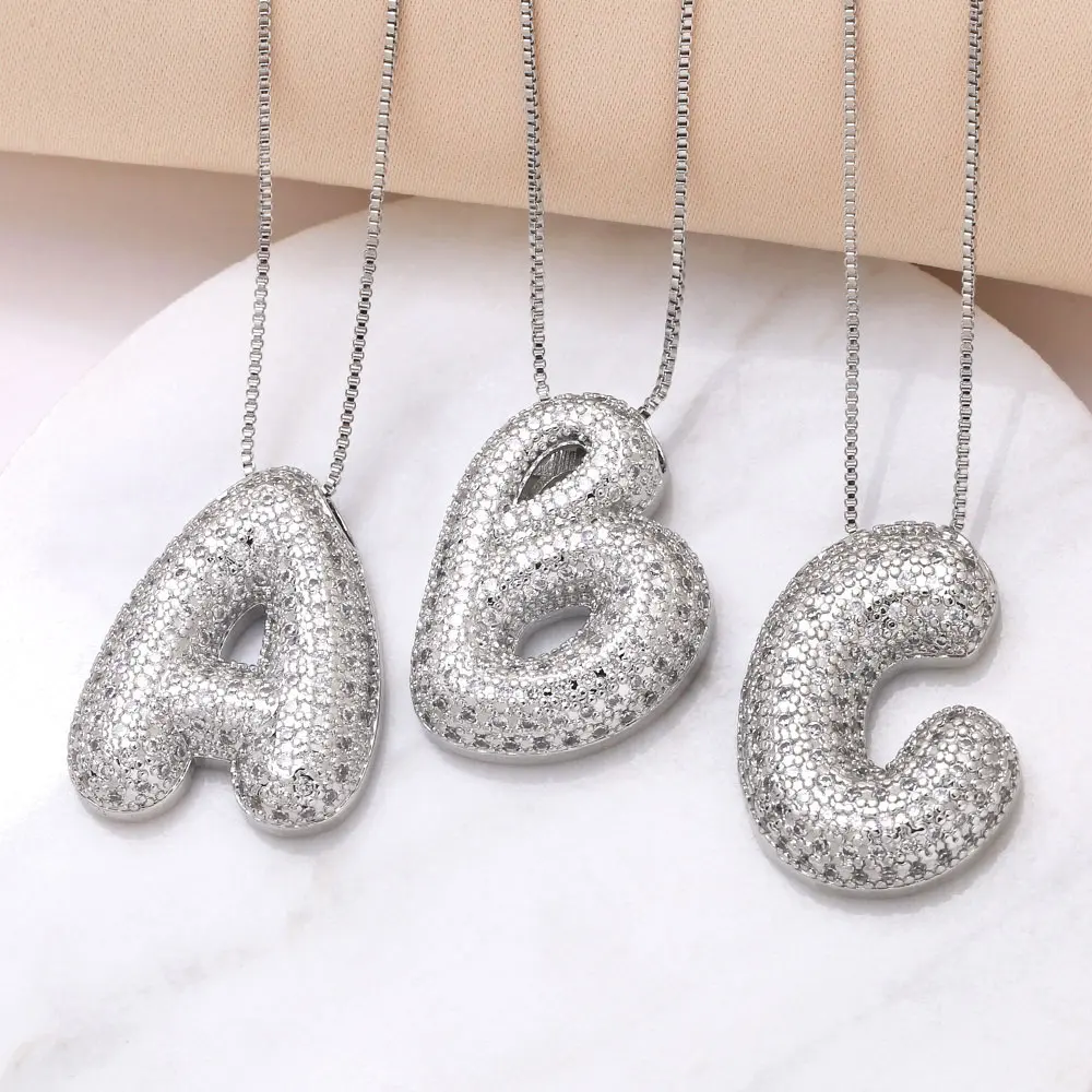 FLOLA Initial Bubble Letter Pendant Necklaces A-Z Alphabet Silver Color Zircon Necklace 26 Letters Fashion Jewelry Gifts nkeq71