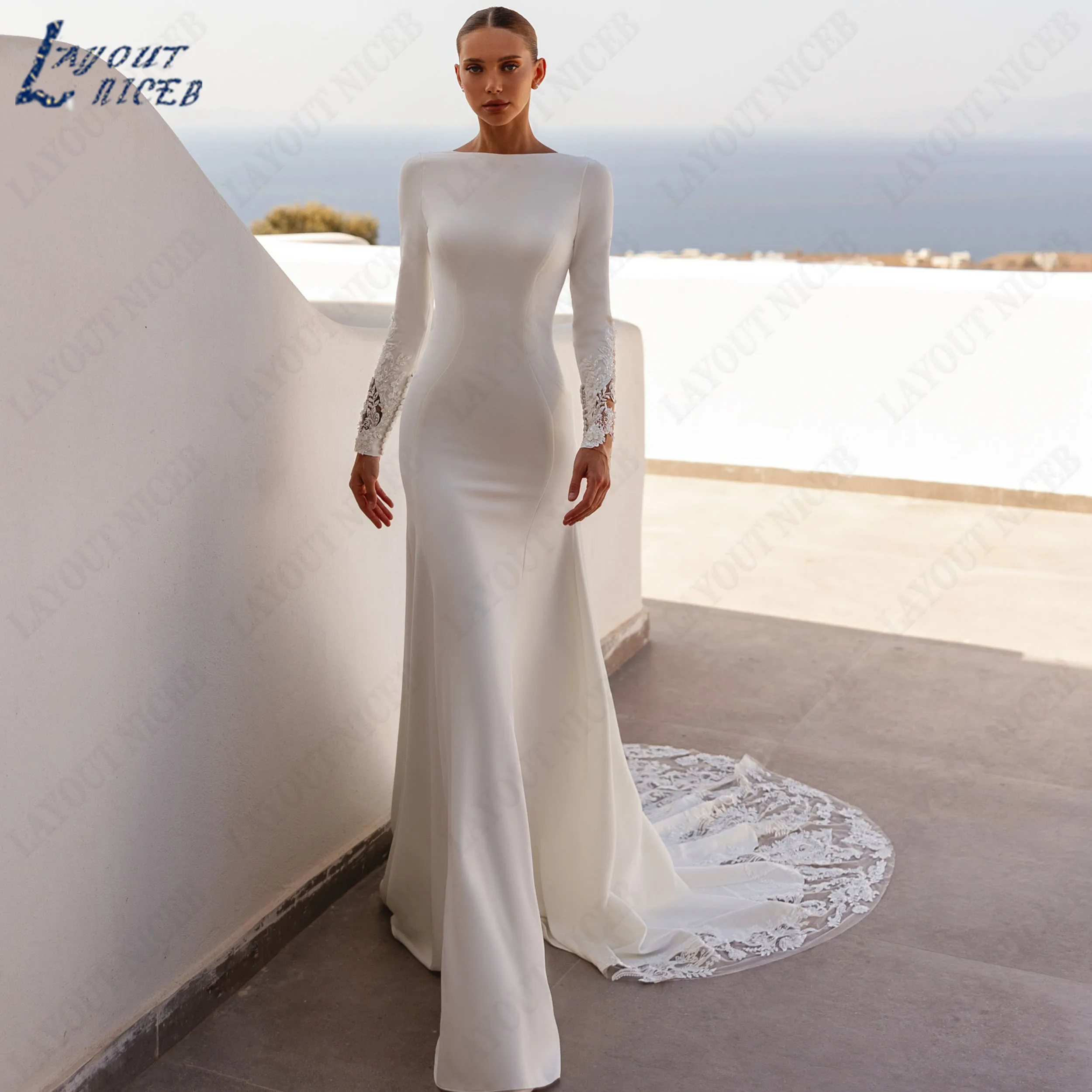 LAYOUT NICEB Customied Satin Boat Neck Full Sleeve 2026 Wedding Dress Applique Mermaid Sheer Back Bridal Gown Minimalist