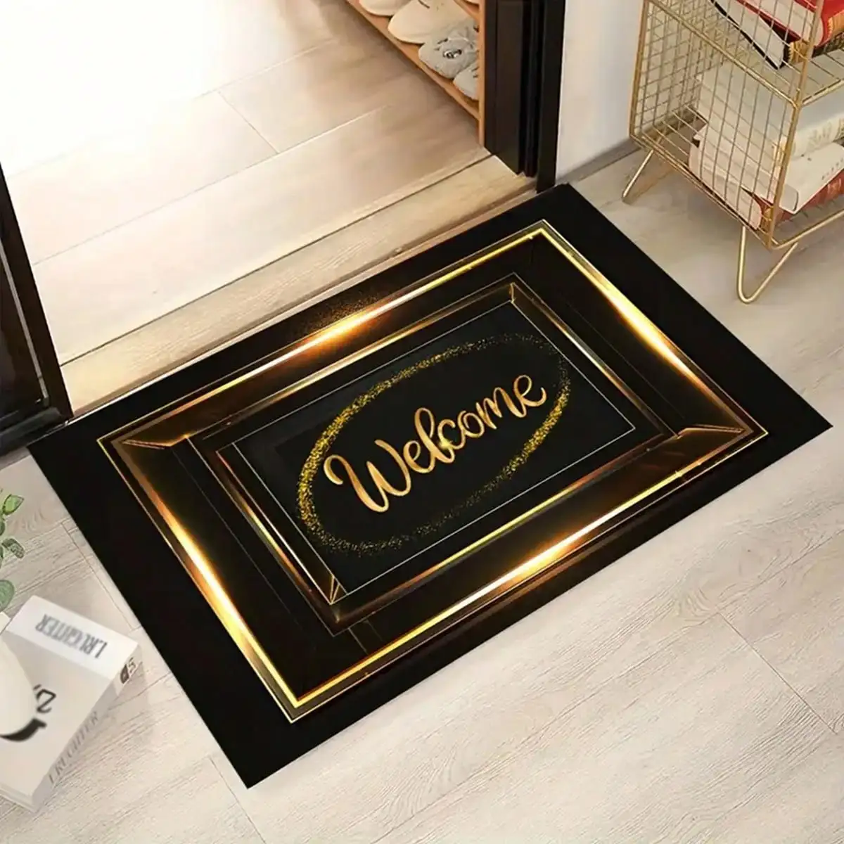 

Elegant Black & Gold Welcome Doormat - Non-Slip, Machine Washable, Low Pile Entrance Mat for Indoor/Outdoor Use
