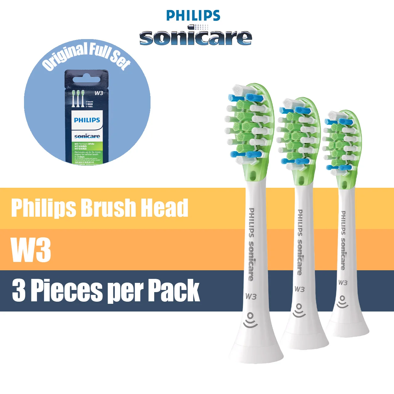 

Philips Sonicare Genuine W3 Premium Replacement Toothbrush Heads 3 Heads per set, Black, White