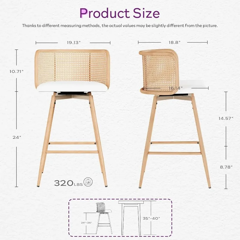 Swivel Rattan Bar Stools Set of 2, 26” Counter Height Stools with Natural Rattan Woven Back and Faux Leather Seat