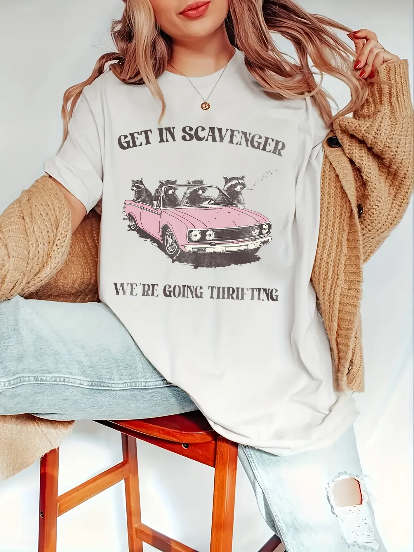 T-Shirt Vintage imprimé raton laveur pour femmes, haut décontracté à manches courtes et col rond, mélange de Polyester tricoté coupe ample, printemps/été