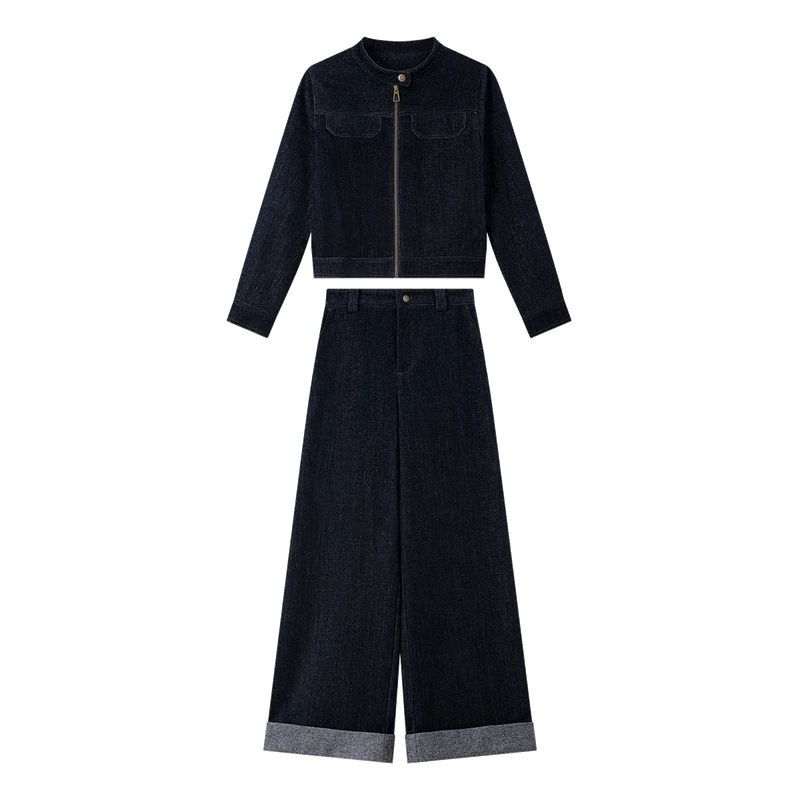 VIMLY Denim Two-Piece Set for Woman 2025 Autumn Round Neck Zipper Front Jacket & Wide Leg Trousers Casual Comfort Outfit A3093