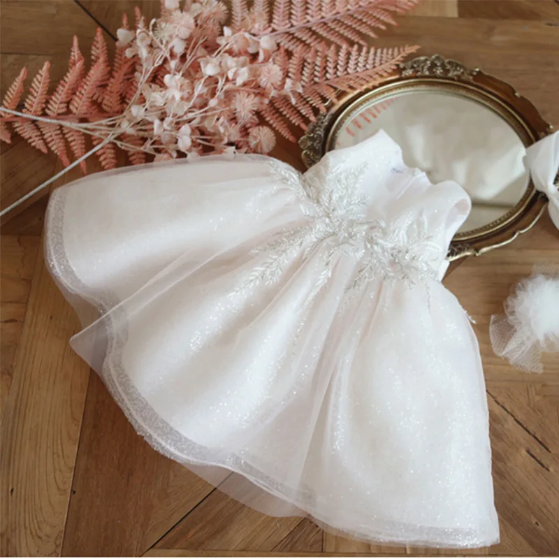 New Style Girls' First Birthday Puffy White Embroidered Fashionable Princess Dress