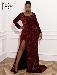 Missord Women Wine Plus Size Evening Dress Long Sleeve Sequins Thigh Split Bodycon Party Prom Maxi Dresses Elegant Backless Gown