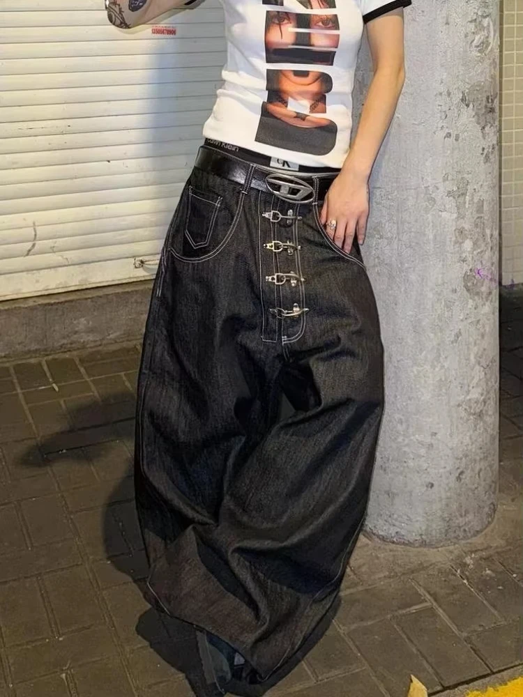 Women’s Metal Buckle Design Curved Wide-leg Jeans High Waist Straight Baggy Denim Pants Female Vintage Street Style Trouser