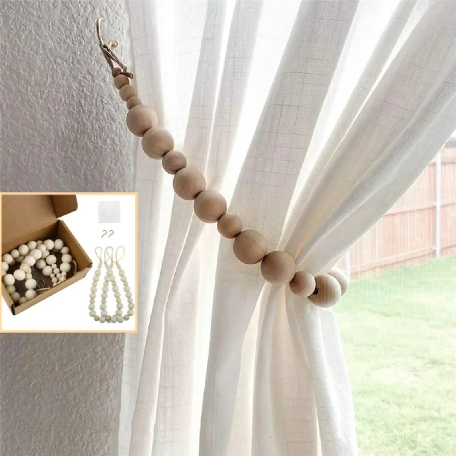 2Pcs Window Curtain Tiebacks Set Wooden Beads Curtain Ties With Hooks Curtain Rope Tiebacks Room Decorative Curtain Holdbacks