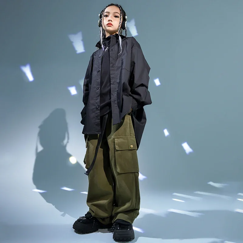 Kinder Hip Hop Kleidung Schwarze Jacke Mantel Casual Street Strap Cargo Hosen für Mädchen Junge Jazz Dance Kostüm Teenager Kpop Kleidung