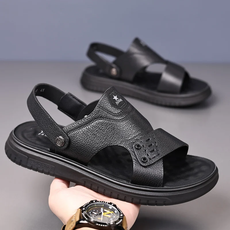 

Летние мужские кожаные сандалии из натуральной кожи, нескользящая мужская обувь, тапочки, уличная пляжная обувь на толстой подошве, удобные мягкие мужские сандалии