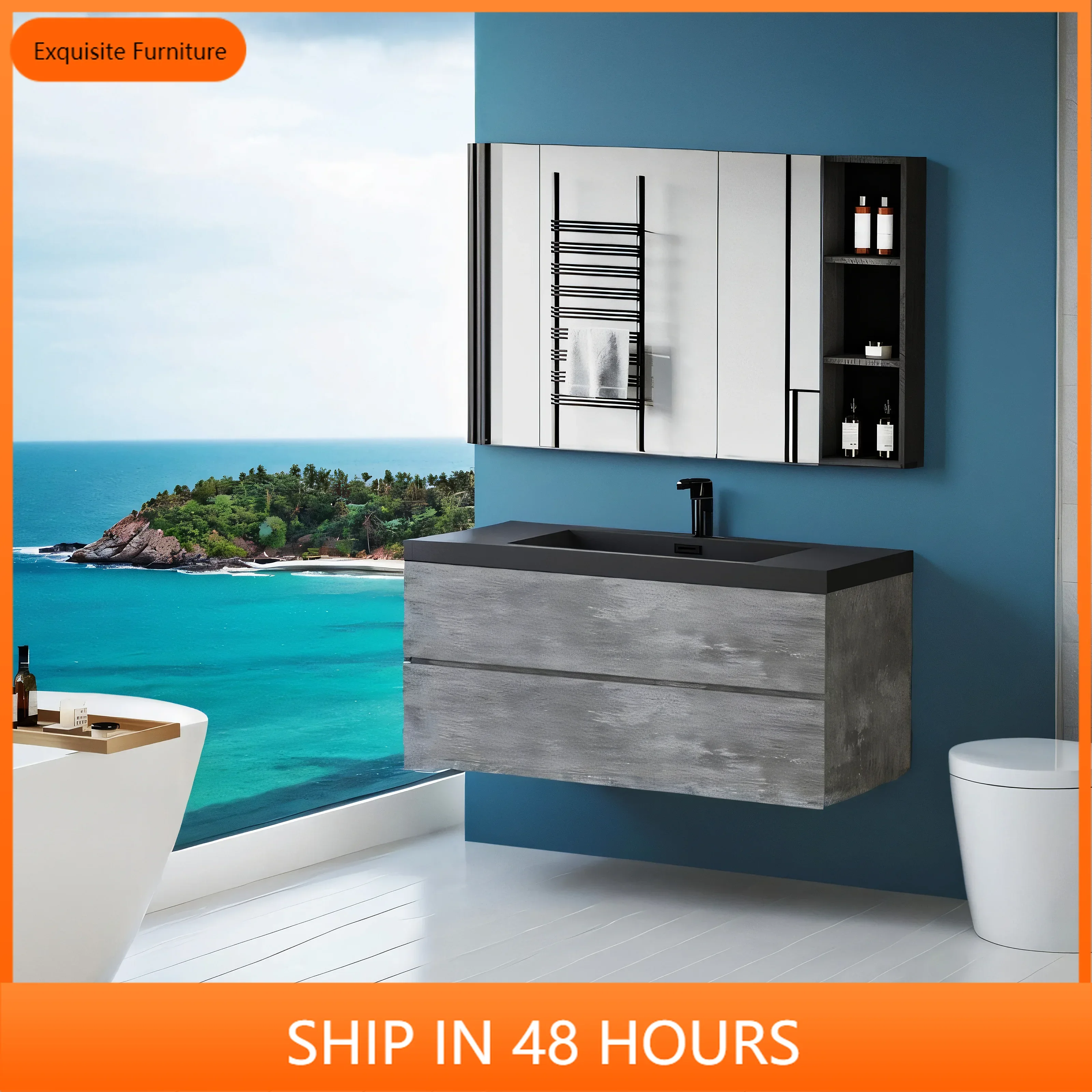 

48" Floating Bathroom Vanity with Sink, Modern Wall-Mounted Bathroom Storage Vanity Cabinet with Black Quartz Sand Top Basin and