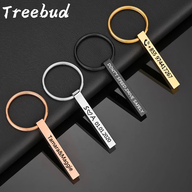 Treebud Fashion Custom Name ID Number Bar Keychains Stainless Steel Laser Engrave Four Sides Keyring Women Men Gifts