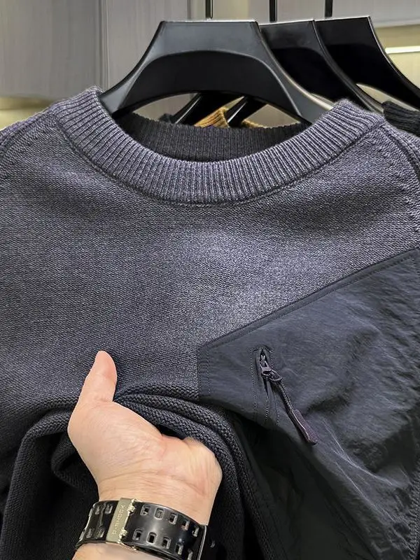 

Мужская свободная трикотажная футболка с длинным рукавом и круглым вырезом в стиле ретро, с цветовыми блоками, повседневная, базовый слой, глубокий темно-серый цвет