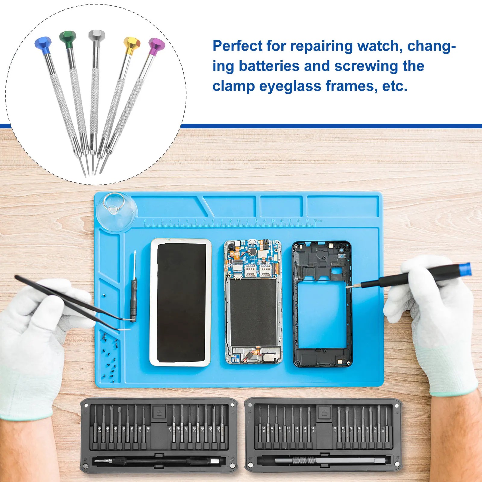 

5pcs Slotted Screwdriver Set 0.8mm 1.0mm 1.2mm 1.4mm 1.6mm Flat Repair Tool Hard Steel Aluminum Alloy Watch Eyeglass